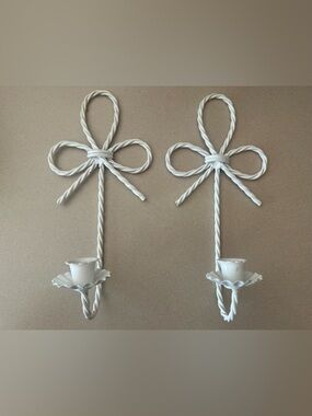Vintage White Twisted Metal Bow Candle Holders (Pair)